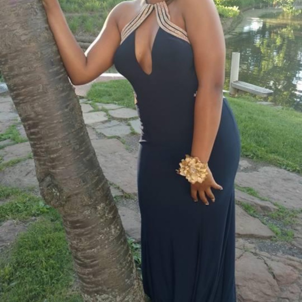 Navy Blue and gold beaded prom dress